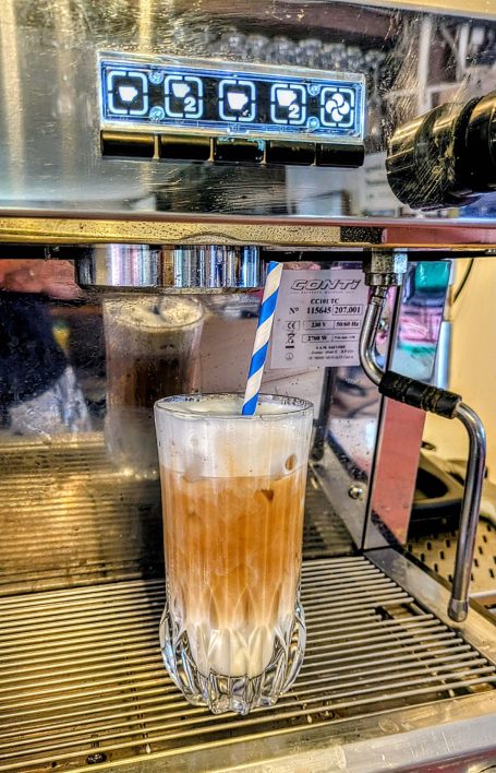 Iced Latte with Straw at the Chestnut Cafe, Sorrel Horse, Shottisham in Suffolk