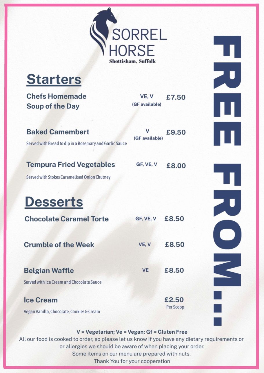 Free From Food Menu for Sorrel Horse Shottisham