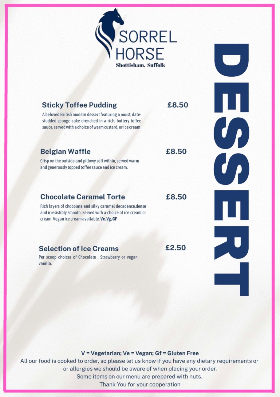 Dessert Food Menu for Sorrel Horse Shottisham