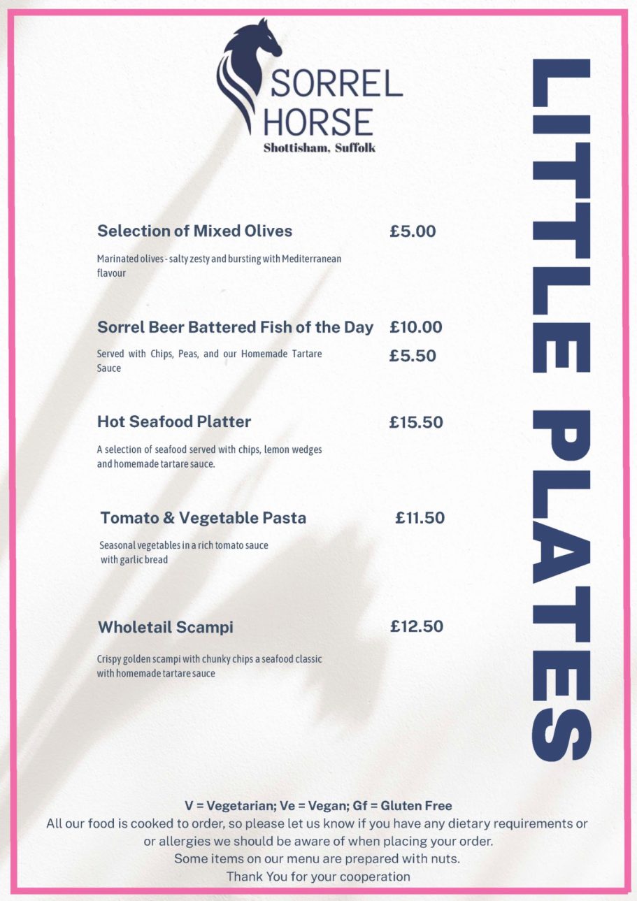 Little Plates Food Menu for Sorrel Horse Shottisham