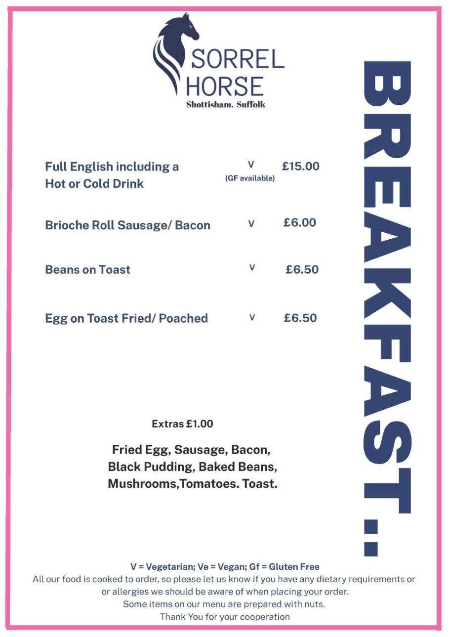 Breakfast Food Menu for Sorrel Horse Shottisham