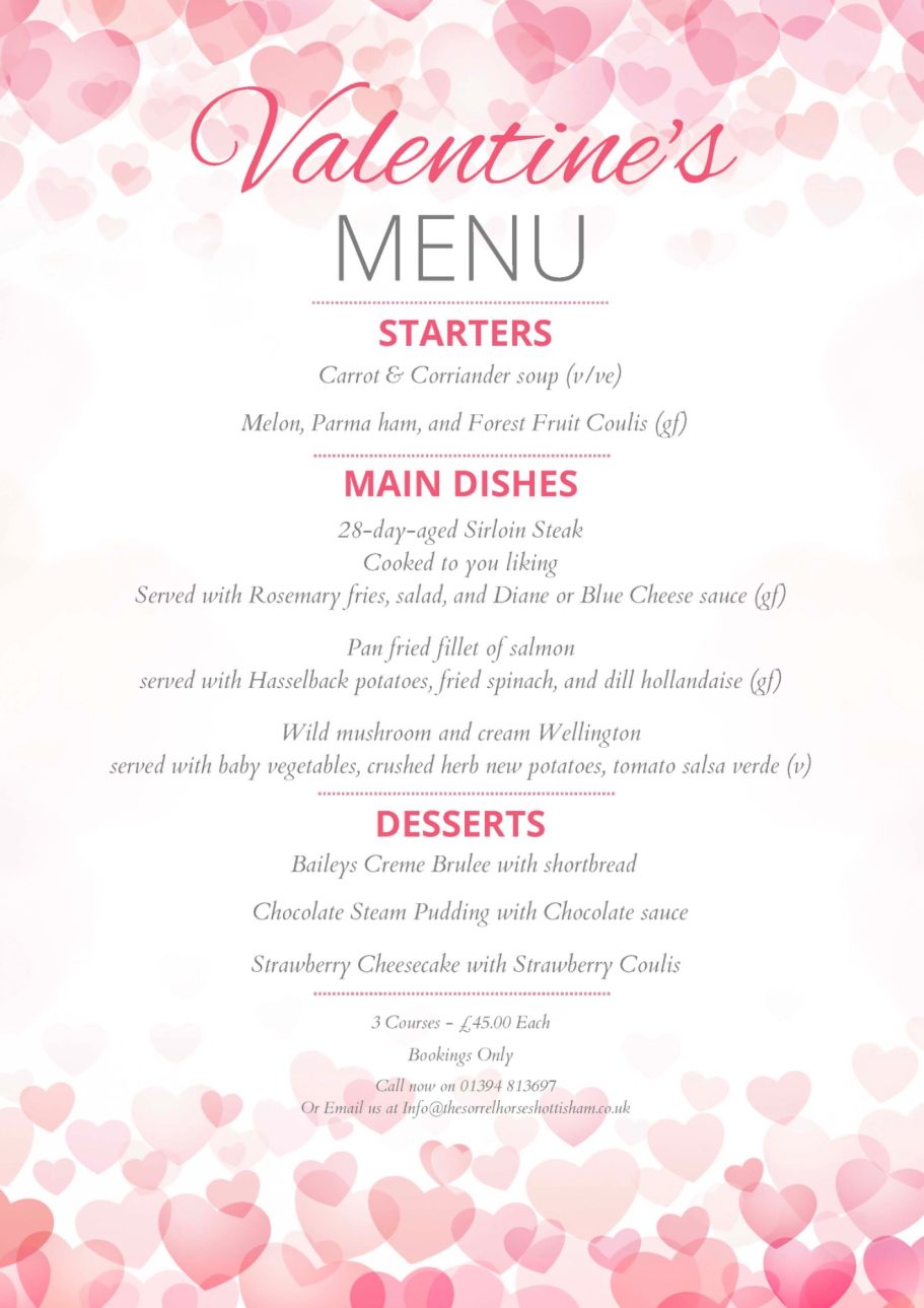 Valentines Three Course Menu for Sorrel Horse Shottisham