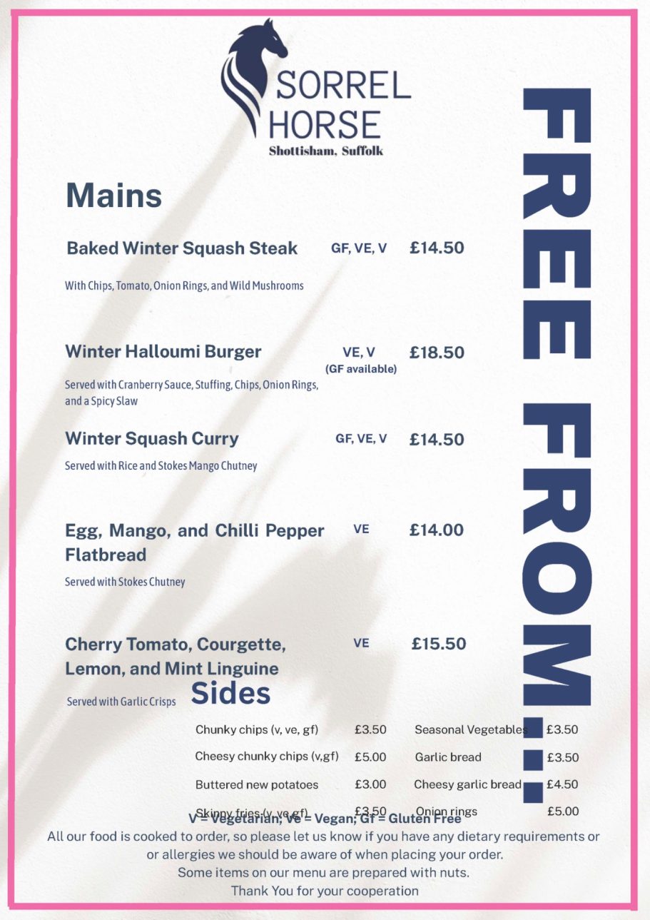 Free From Food Menu for Sorrel Horse Shottisham