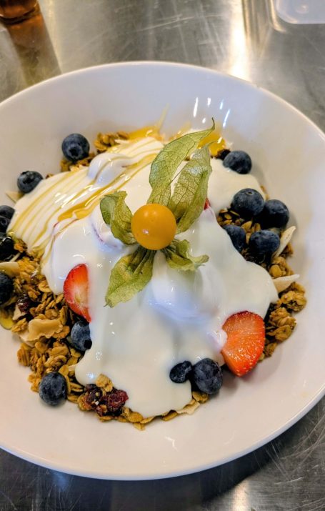 Granola with yogurt at the Chestnut Cafe, Sorrel Horse, Shottisham in Suffolk